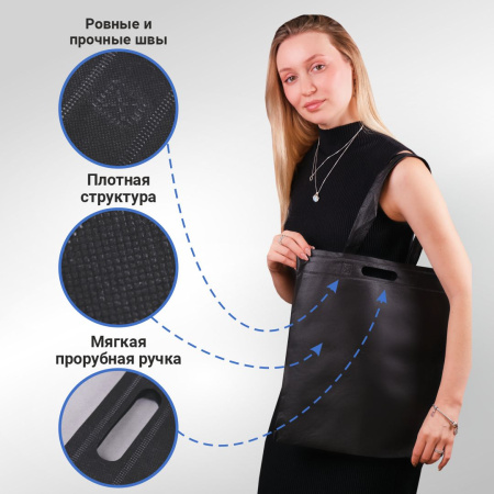 Сумка-шоппер из спанбонда с пришивными ручками 24 см, черная, 35 х 40 см
